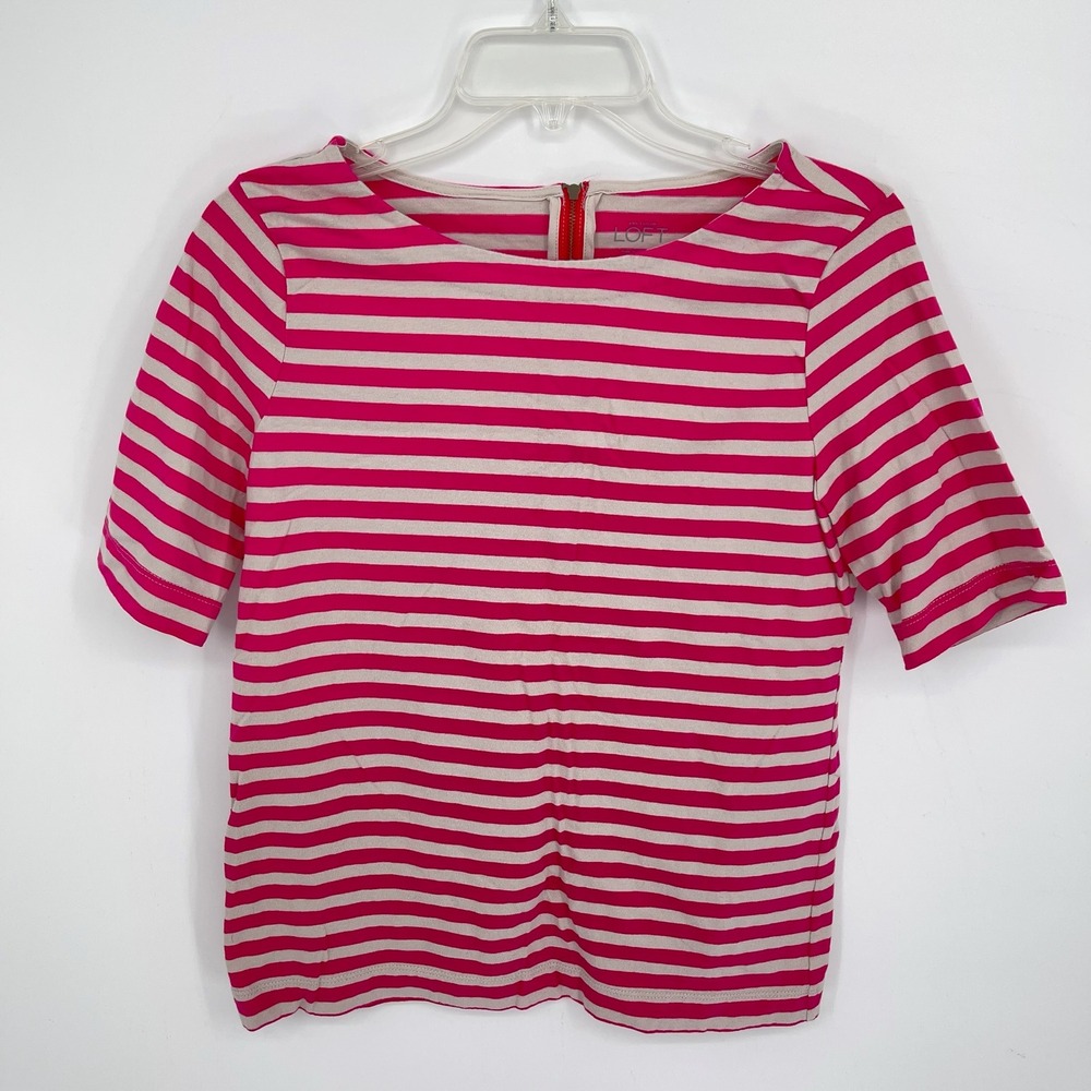Ann Taylor LOFT Women's Pink Striped Exposed Back Zip Boatneck T-Shirt Size S